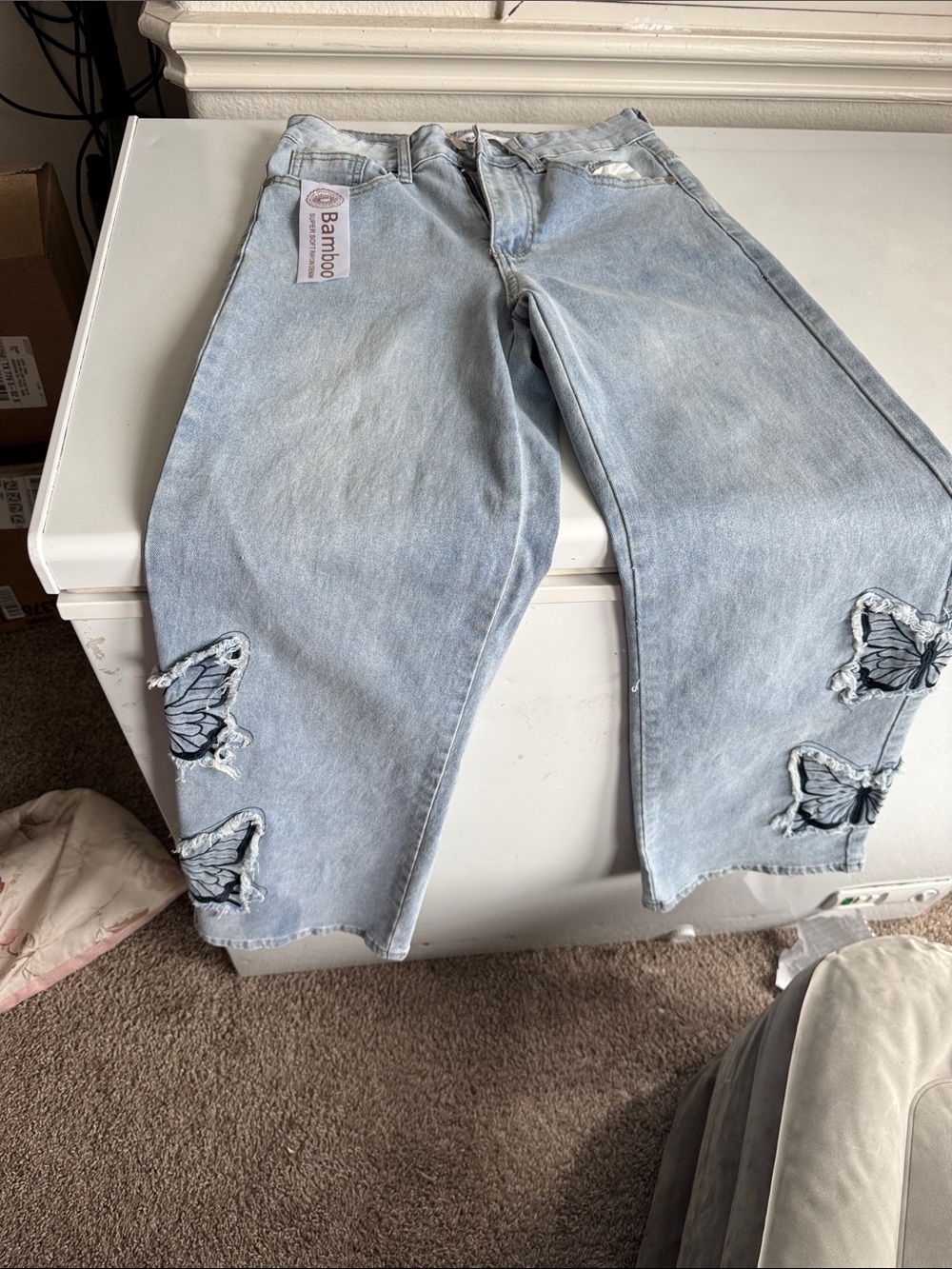 BAMBOO Light Blue Wide Leg Jeans with Butterfly Appliqués